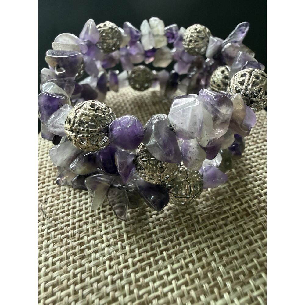 Amethyst Chip Gemstone Stretch Bracelet Purple Wide Boho Festival Statement - Picture 2 of 4